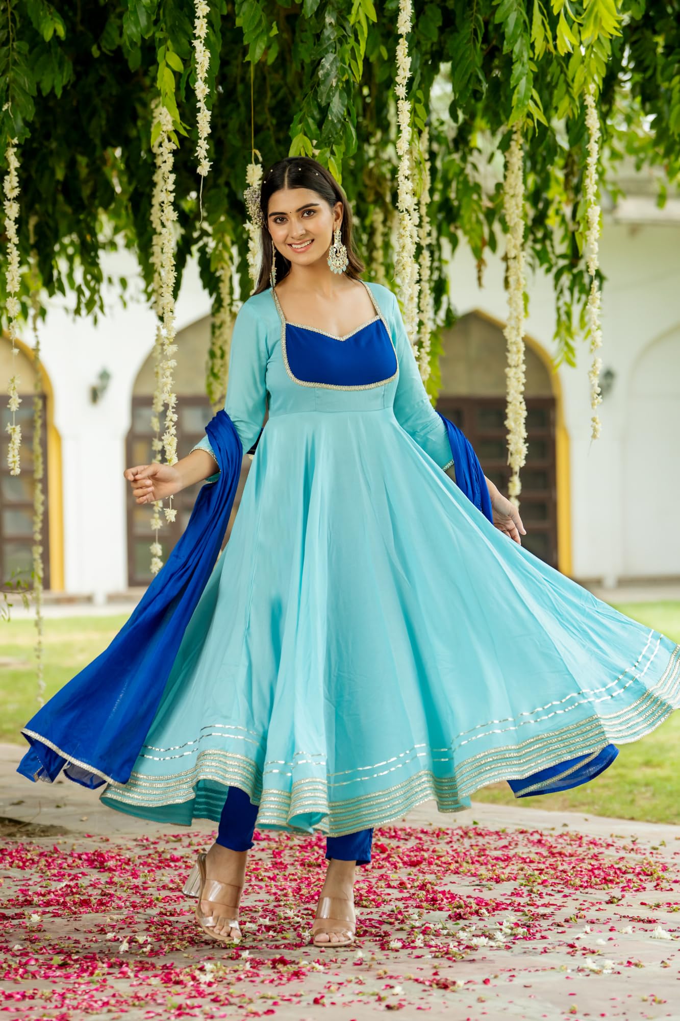 ANNI DESIGNER Anarkali Women s Plain Viscose Kurta with Trousers and Dupatta, Blue, 2XL