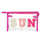 Y1tvei Preppy Patch SUN Varsity Letter Cosmetic Toiletry Bag Transparent PVC Zipper Makeup Bag Clutch Purse Portable Waterproof 