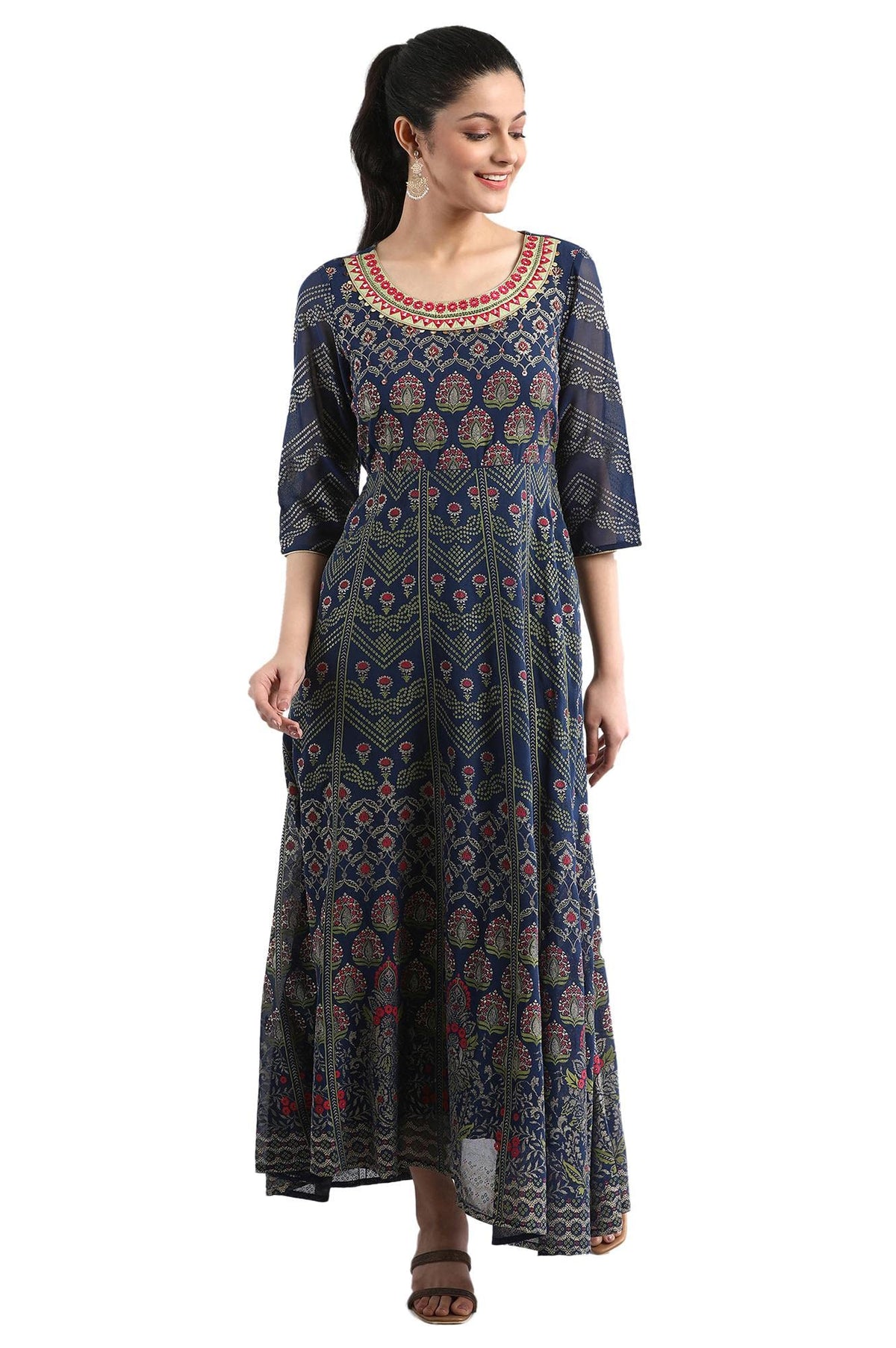 Aurelia Navy Blue Embellished Flared Georgette Dress (Size: M)-24AUD10308-501656