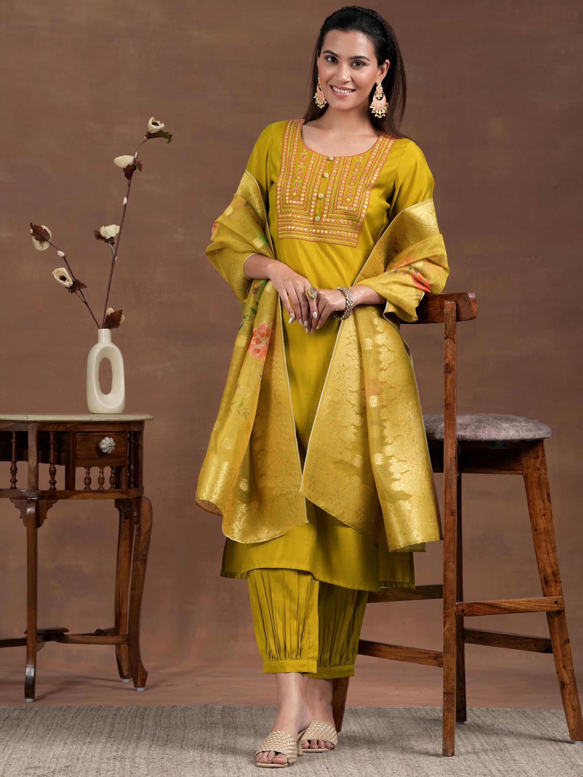 Libas Womens Woven Design Silk Blend Straight Kurta With Salwar And Dupatta