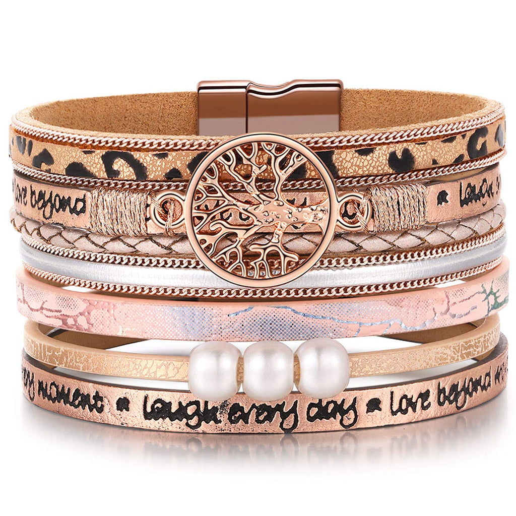 Gifts for Teenage Girls, Inspirational Leopard print rose gold leather Wrap Boho Bracelets for Women,Easter Christmas Birthday J