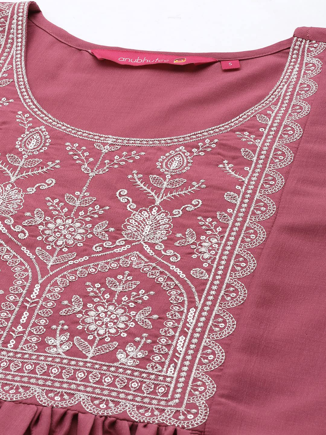 Anubhutee Women'S Silk Mauve Zari Work Woven Design Embroidered A-Line Kurta