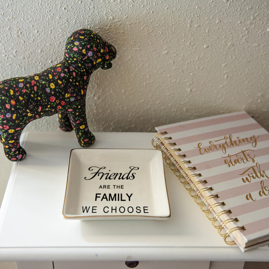 HOME SMILE Birthday Christmas Funny Gifts for Best Friend-Ceramic Ring Dish Jewelry Tray-Friends are Family We Choose
