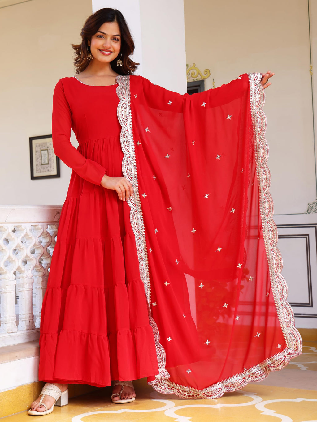 Fashion Basket WomenS Georgette Solid Anarkali Dress Red