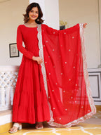 Fashion Basket WomenS Georgette Solid Anarkali Dress Red