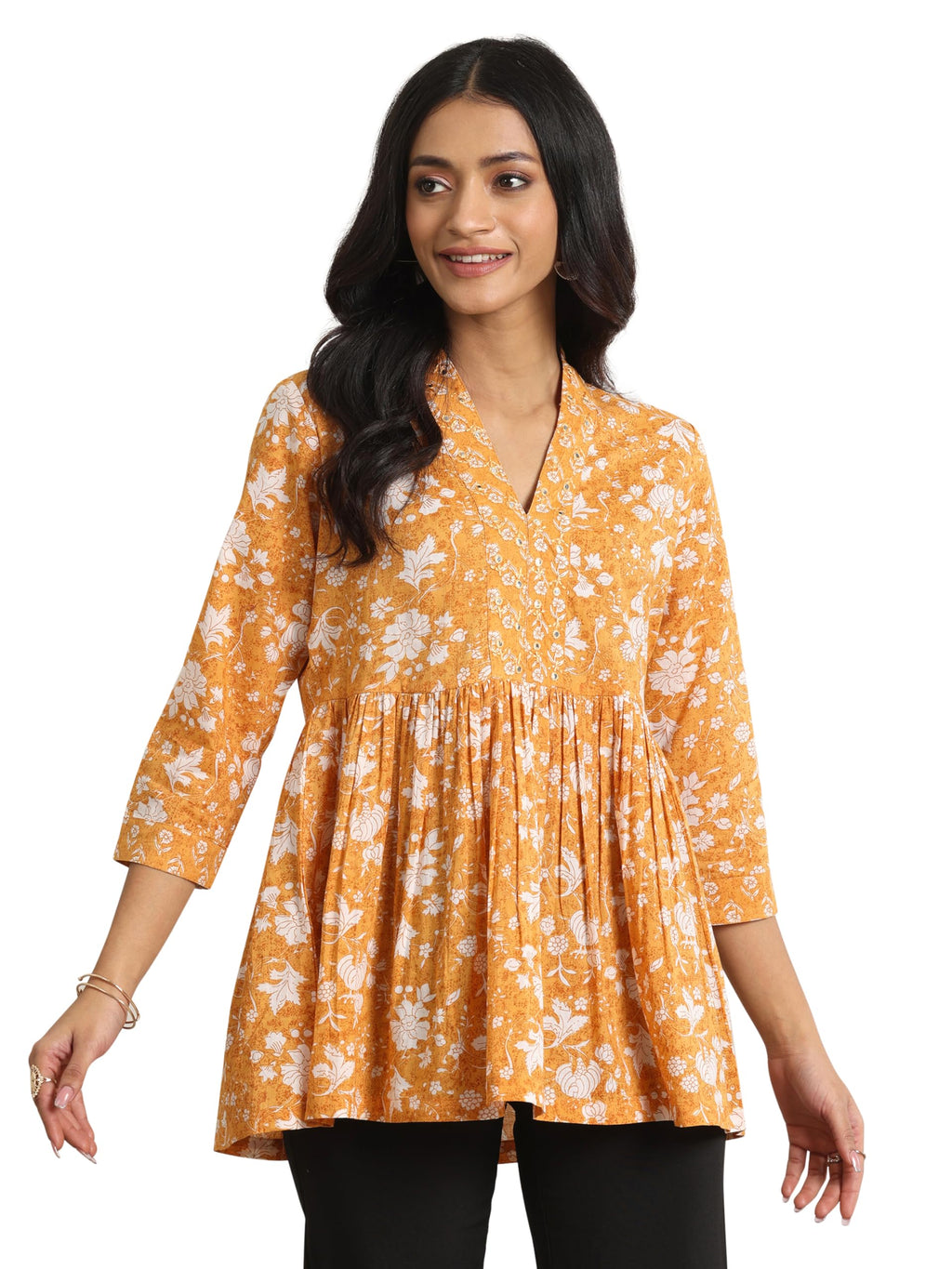 Libas WomenS Cotton Floral Printed Anarkali Kurti (98001O_Mustard_Xxl)