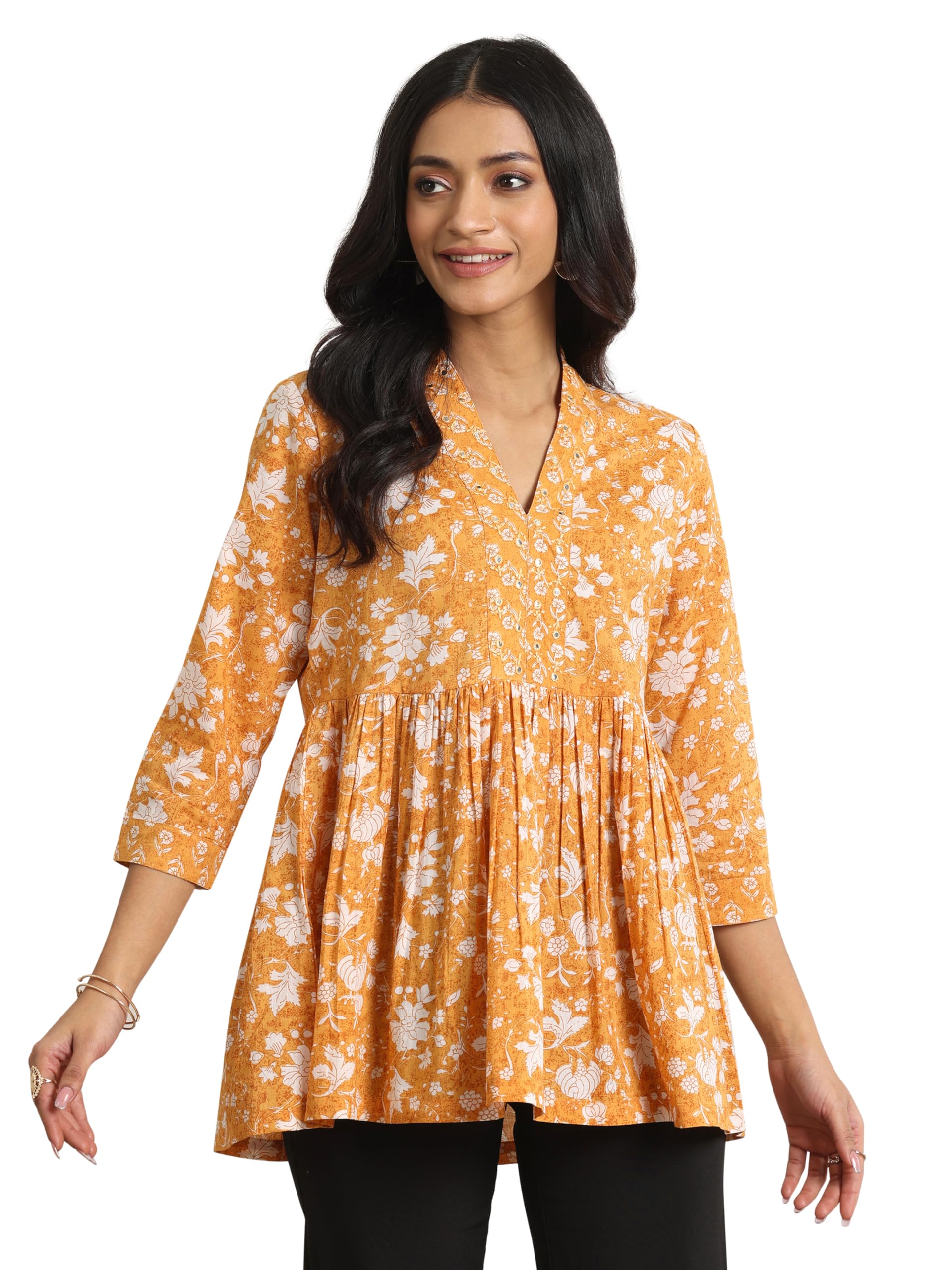 Libas WomenS Cotton Floral Printed Anarkali Kurti (98001O_Mustard_Xxl)