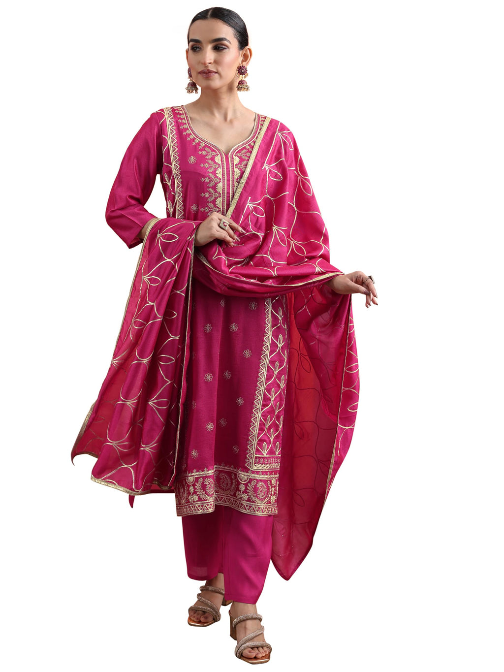 Libas Womens Embroidered Chinon Straight Kurta With Trousers and Dupatta