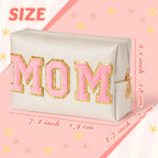 Y1tvei Preppy Patch MOM Varsity Letter Cosmetic Toiletry Bag PU Leather Portable Waterproof Makeup Bag Zipper Pouch Purse Travel