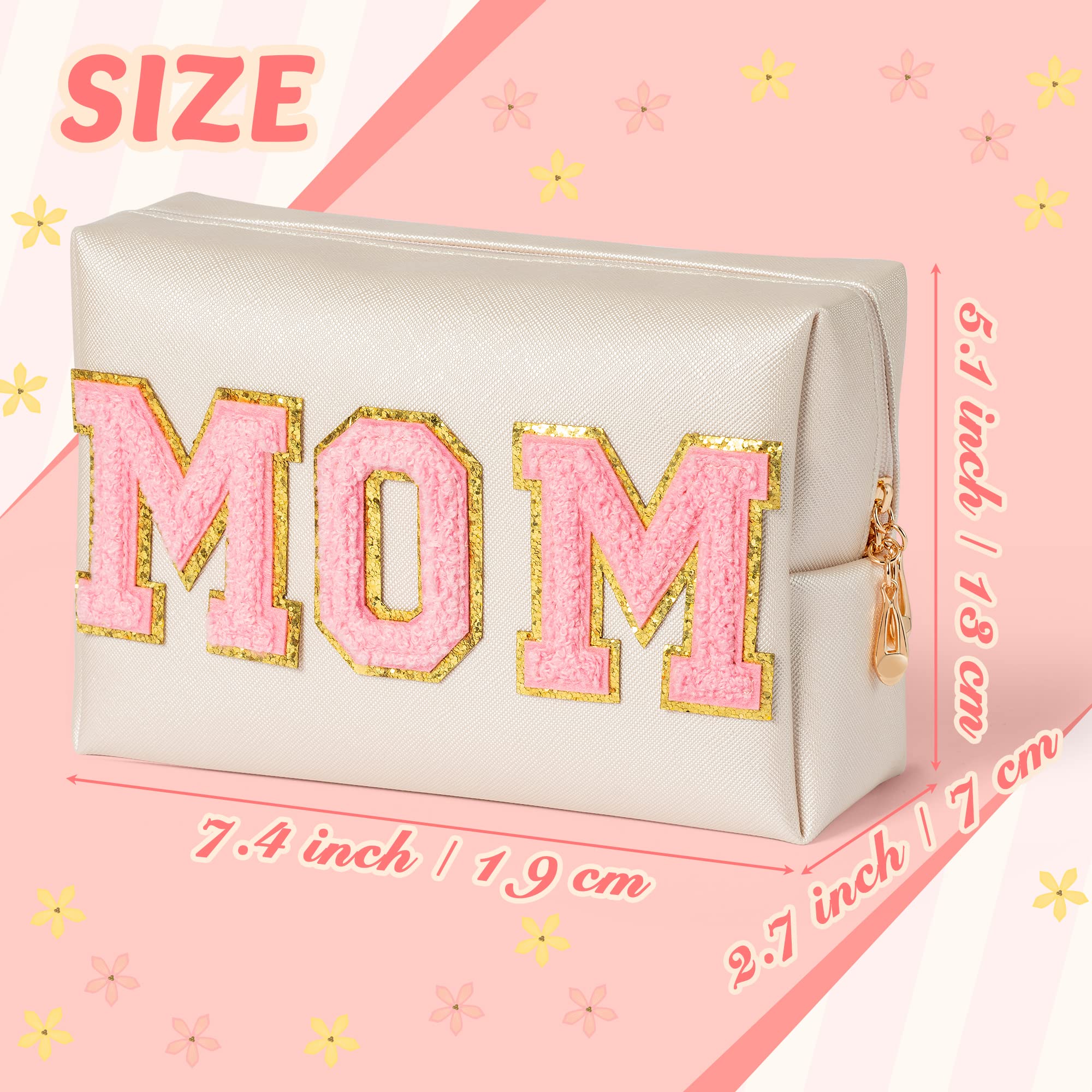 Y1tvei Preppy Patch MOM Varsity Letter Cosmetic Toiletry Bag PU Leather Portable Waterproof Makeup Bag Zipper Pouch Purse Travel