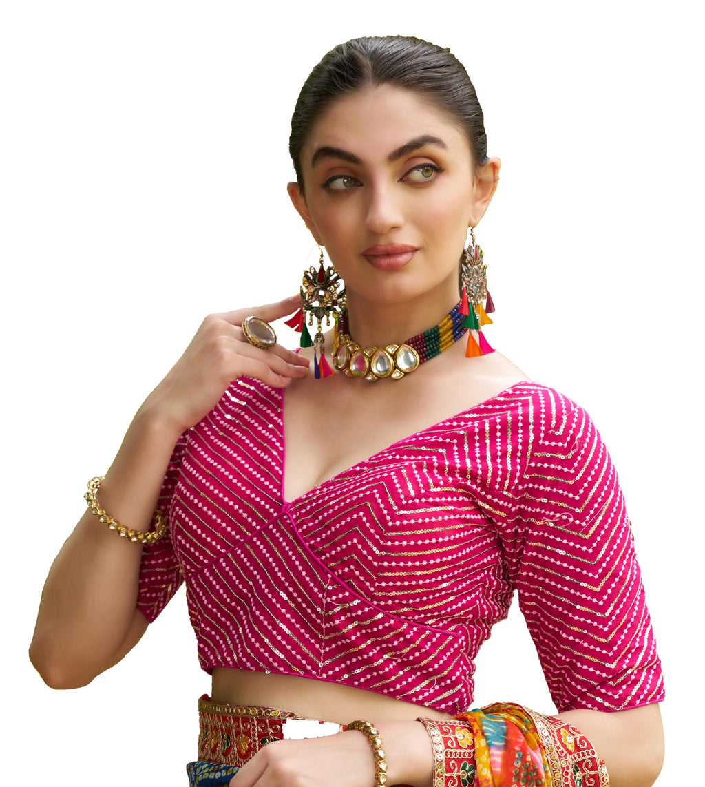 Pujia Mills Womens Fancy Readymade Half Sleeve Sequins Saree Blouse (Pink, 36)
