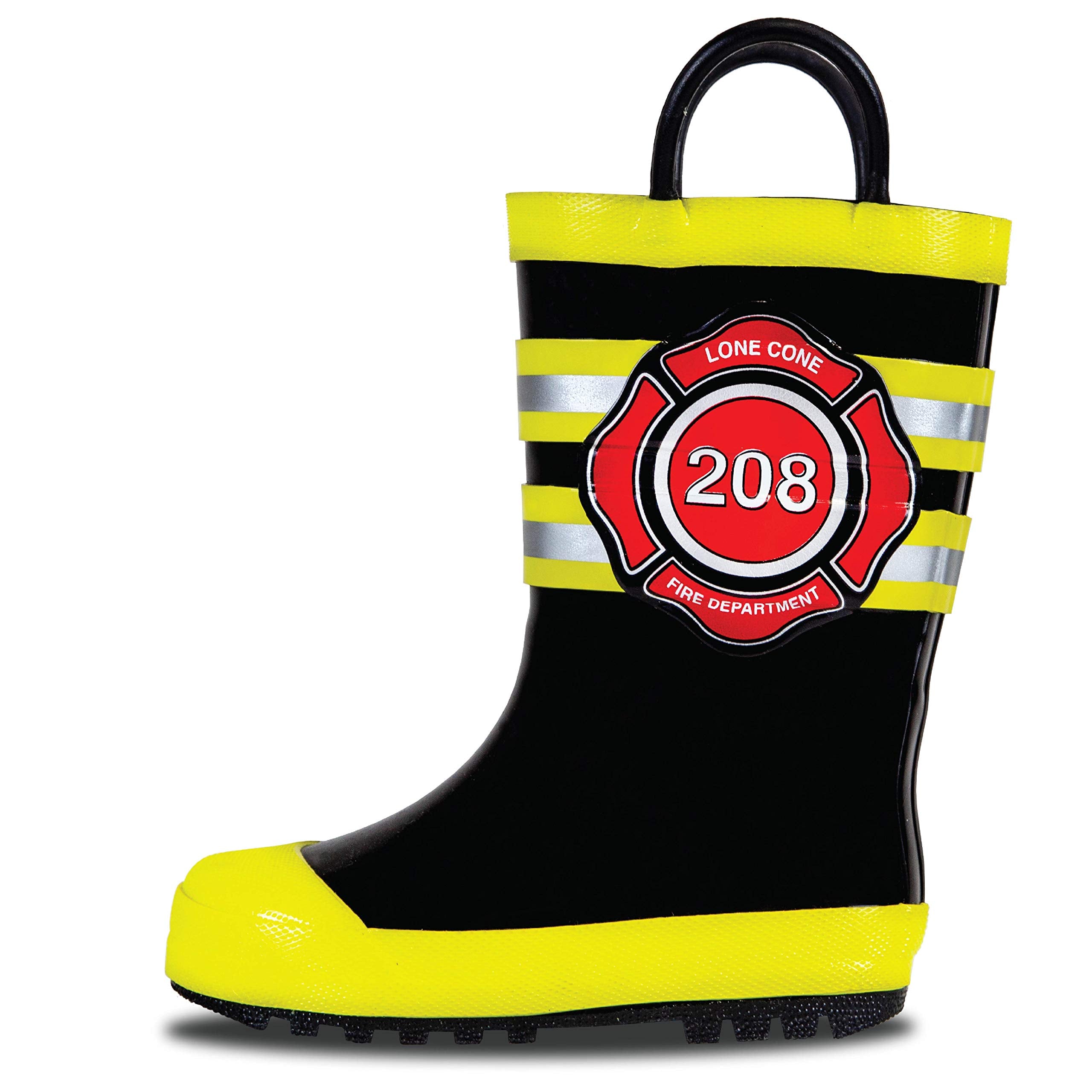 Lone Cone Rain Boots with Easy-On Handles in Fun Patterns for Toddlers and Kids, Fire Chief, 10 Toddler