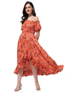 Oomph! Flared Dress For Women Stylish | Long One Piece For Women | Off Shoulder Puff Sleeve Long Dress | Floral Print Maxi One P