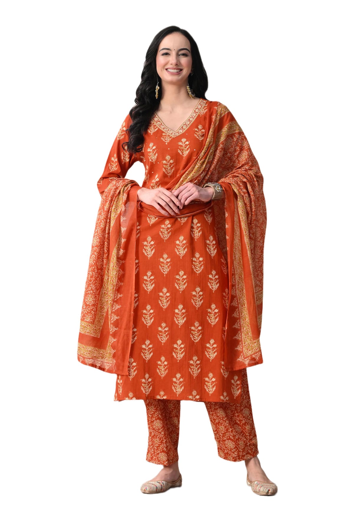 Meera Fab Women Floral Printed Sequined Cotton Straight Kurta With Palazzos & Dupatta | Sanganeri Print