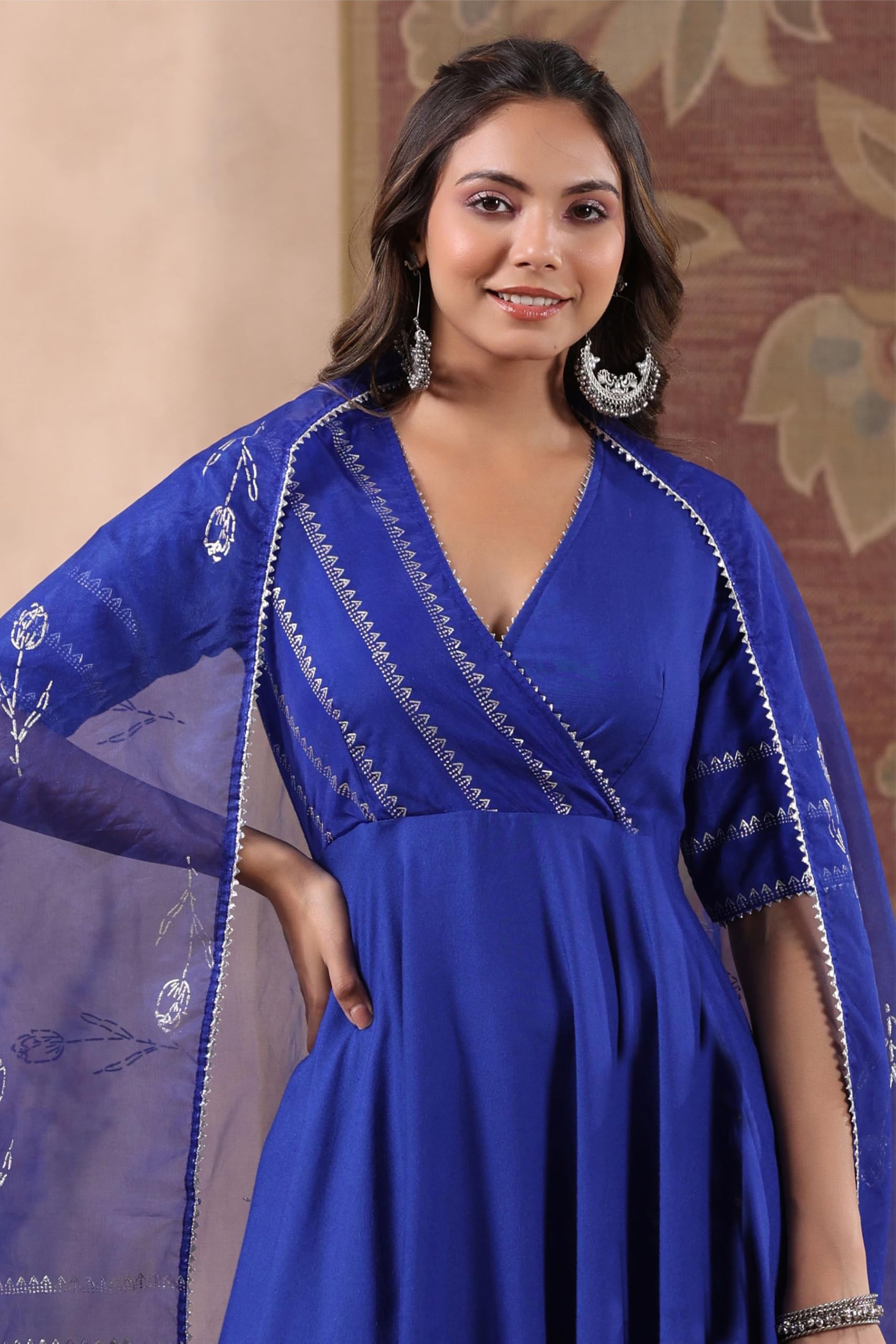ANNI DESIGNER Anarkali Women s Plain Rayon Blend Kurta with Trousers and Dupatta, Blue, Large