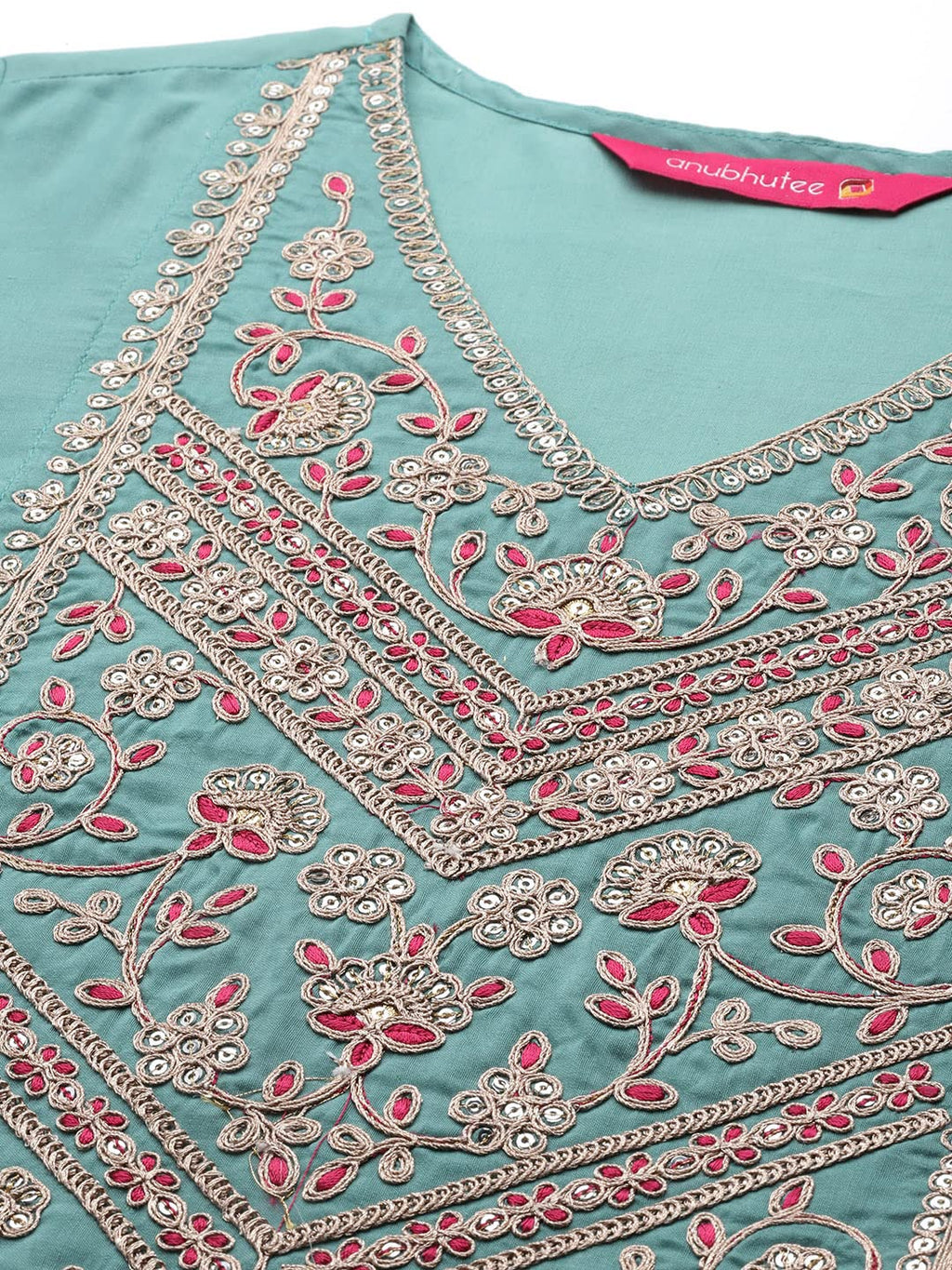 Anubhutee Women'S Rayon Sea Green Ethnic Motifs Embroidered Straight Kurta Suit Set With Pants And Dupatta