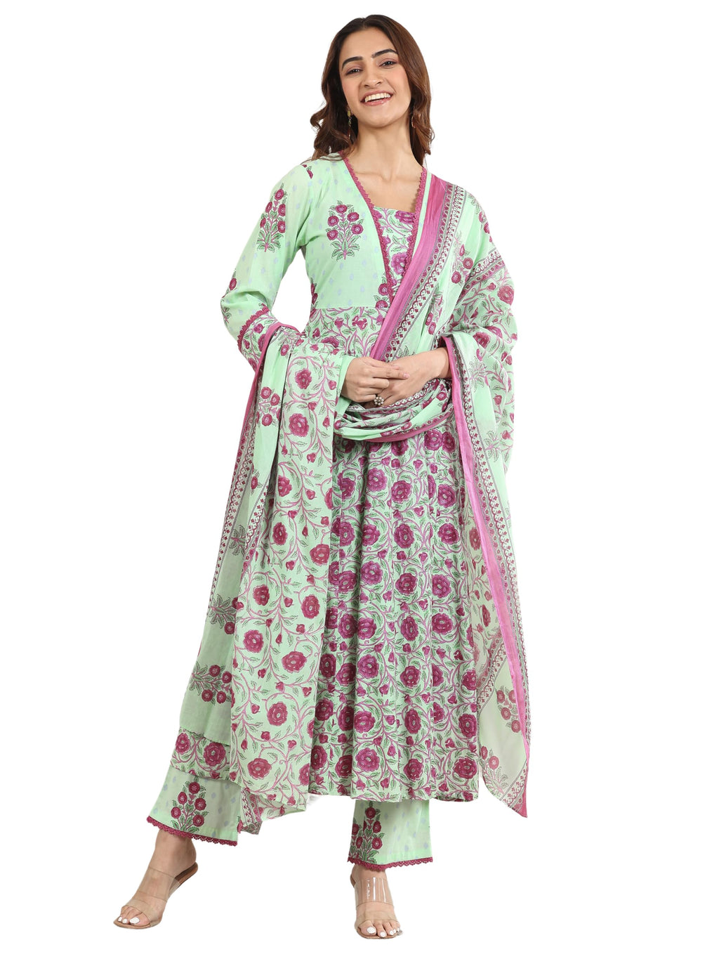 Libas Green Printed Cotton A (Line Kurta set for Women (400160OHXL)