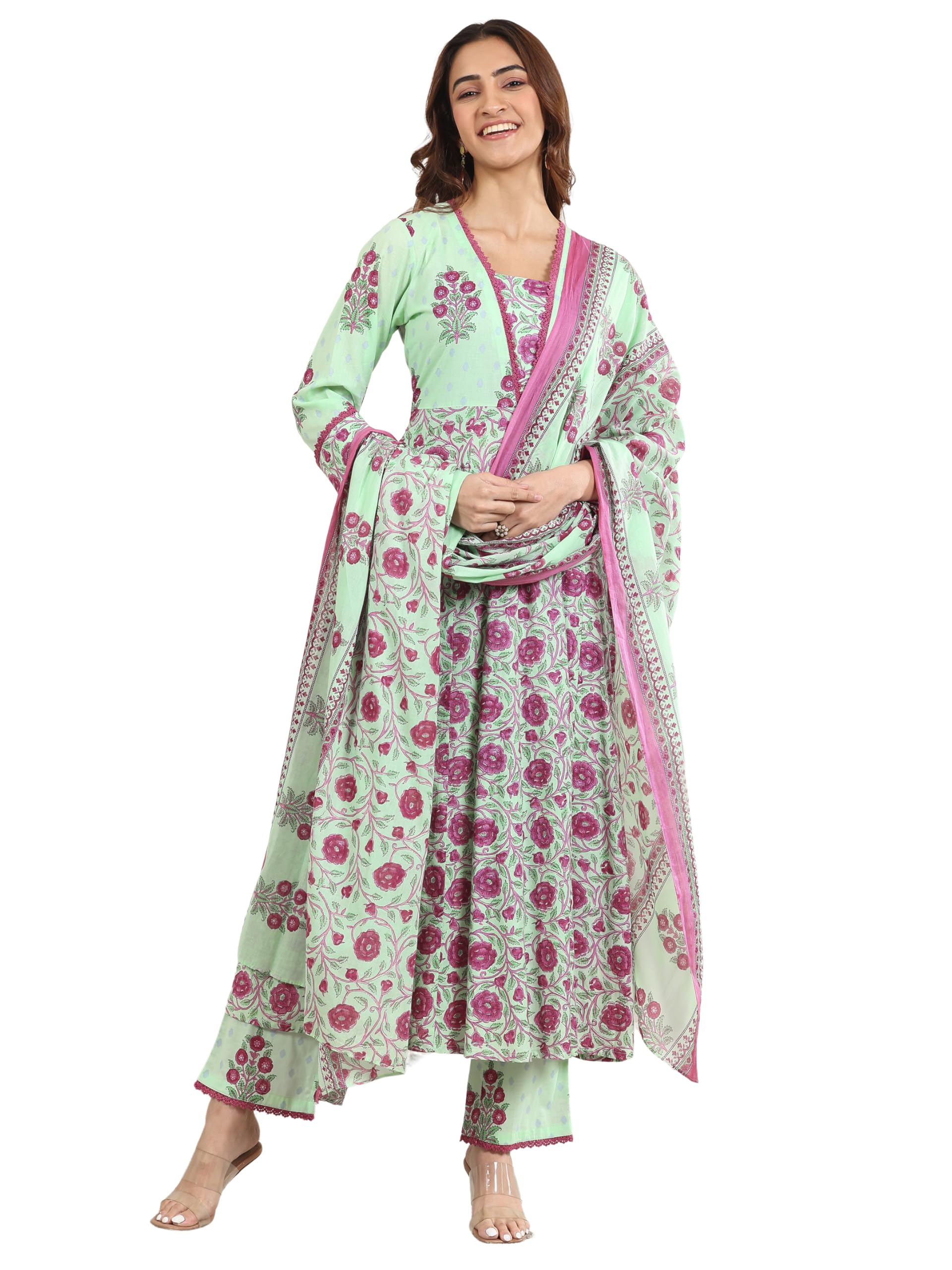 Libas Green Printed Cotton A (Line Kurta set for Women (400160OHXL)