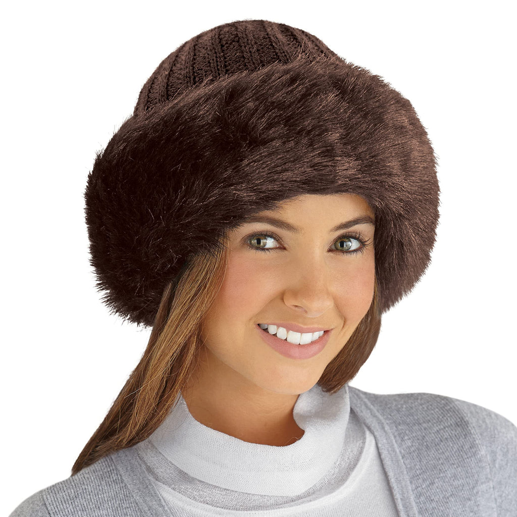 Collections Etc Faux Fur Trimmed Winter Fashion Hat Chocolate