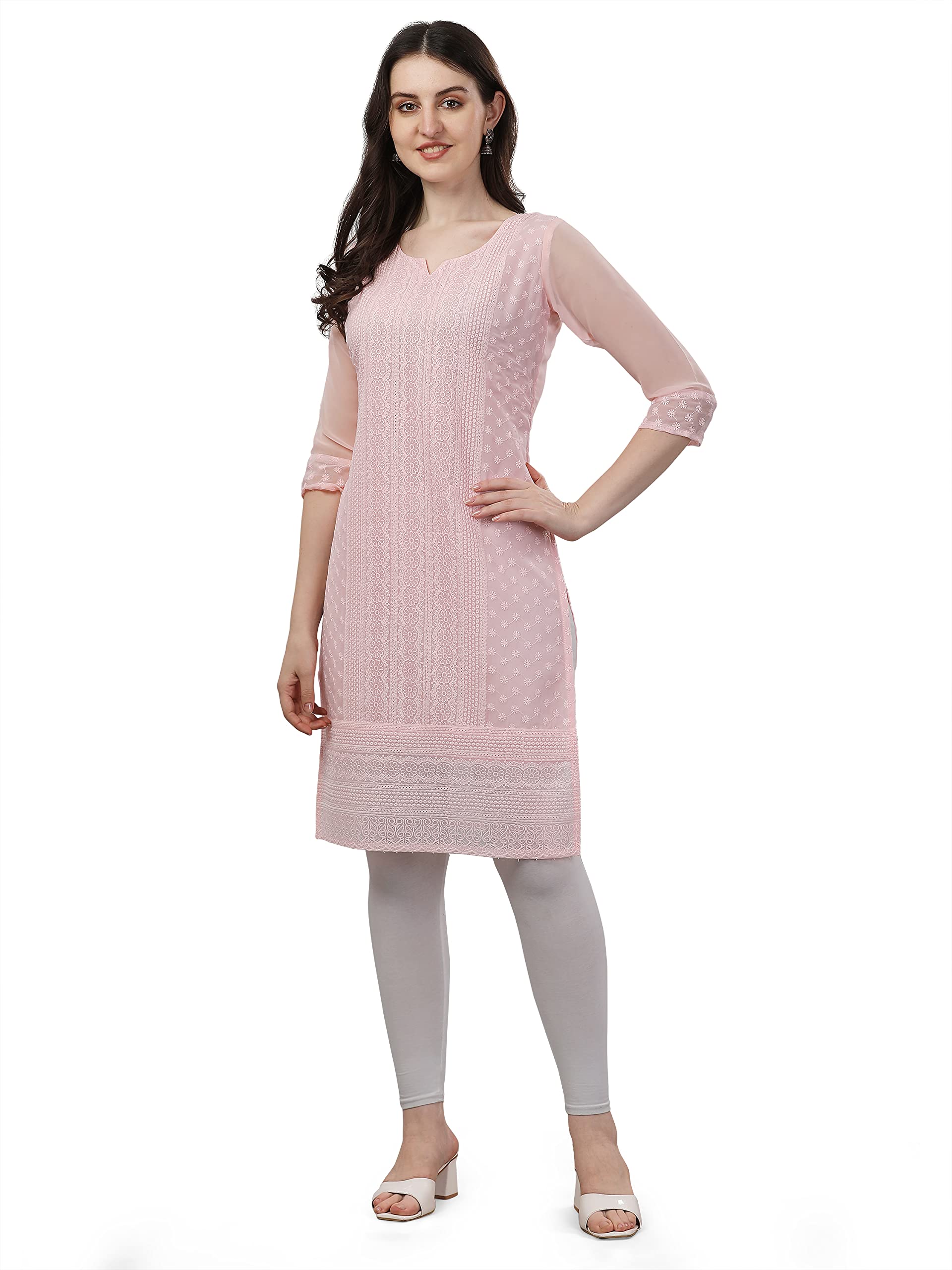 TRILLMIXA Womens Georgette Chikankari Embroidery Knee-Length Kurti for Girls Orange