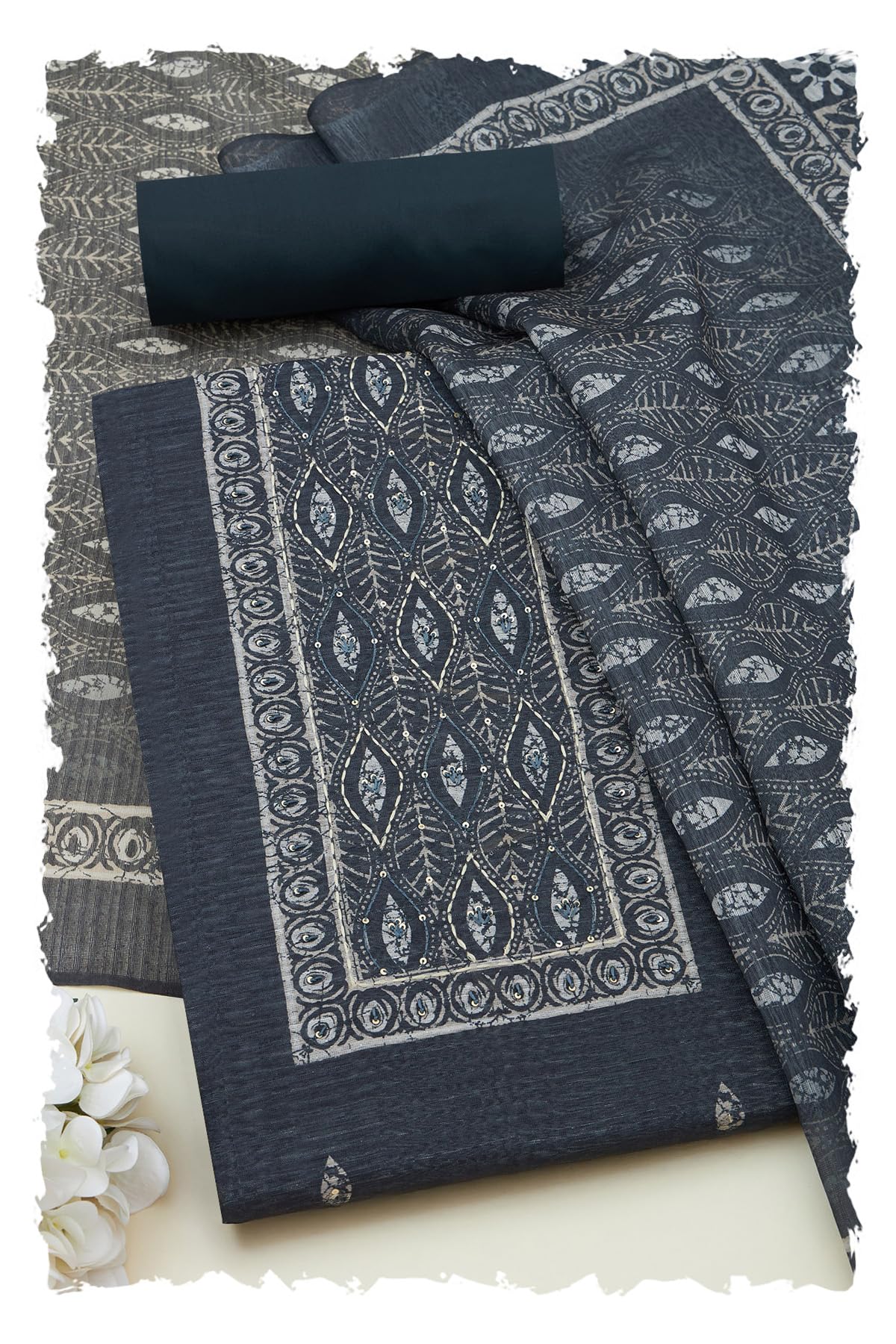 Soch Women Art Silk Block Print Unstitched Dress Material with Sequins