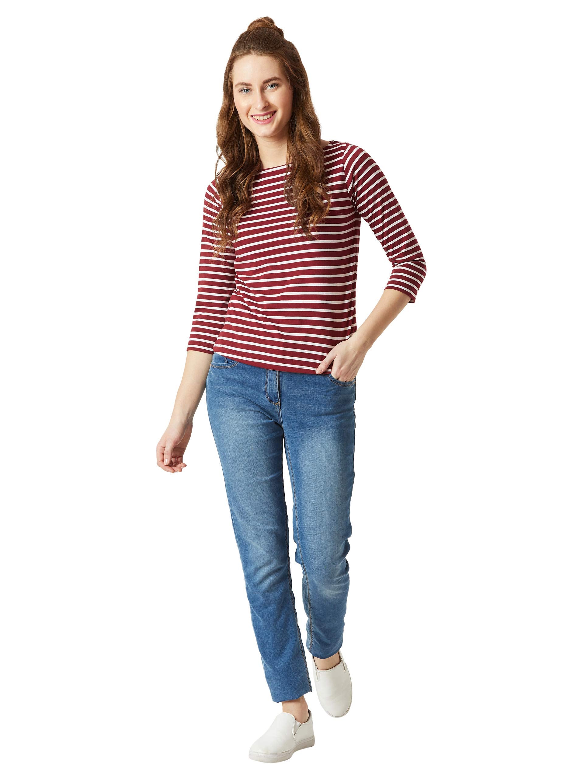 Miss Chase Womens Maroon & White Boat Neck 3/4th Sleeves Regular Basic Cotton Striped Top