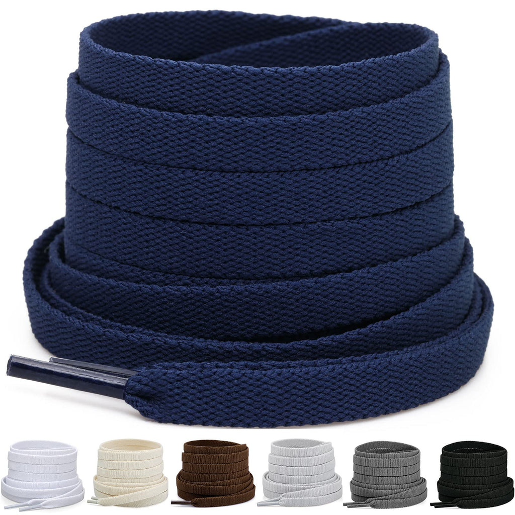 Puzeam Upgrade Tight Weave Flat Shoelaces 28 Colors 5/16 Wide Shoe Laces for Sneakers-Navy Blue-100
