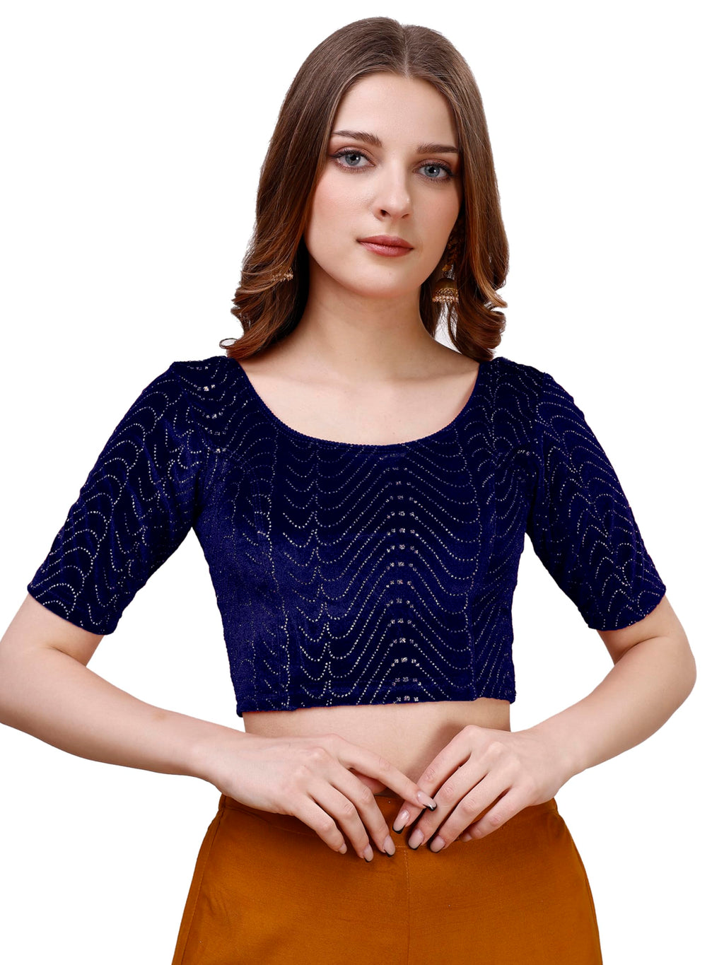 Pujia Mills WomenS Readymade Hosiery Velvet Lycra Stretchable Round Neck Half Sleeve Blouse With Jari Work Fancy Navy Blue Colo