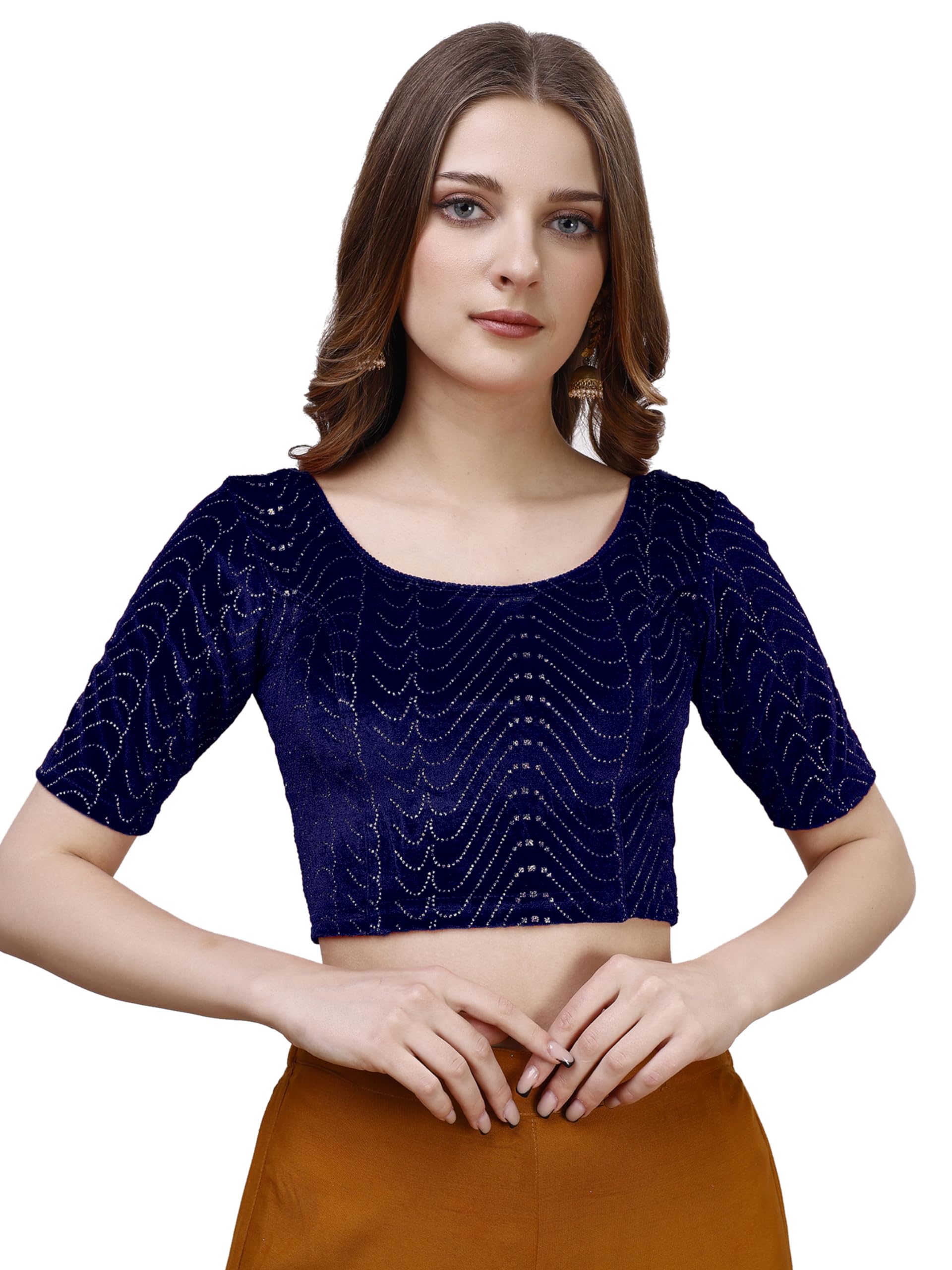 Pujia Mills WomenS Readymade Hosiery Velvet Lycra Stretchable Round Neck Half Sleeve Blouse With Jari Work Fancy Navy Blue Colo