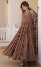 Fashion Basket WomenS Georgette Anarkali Dress Brown