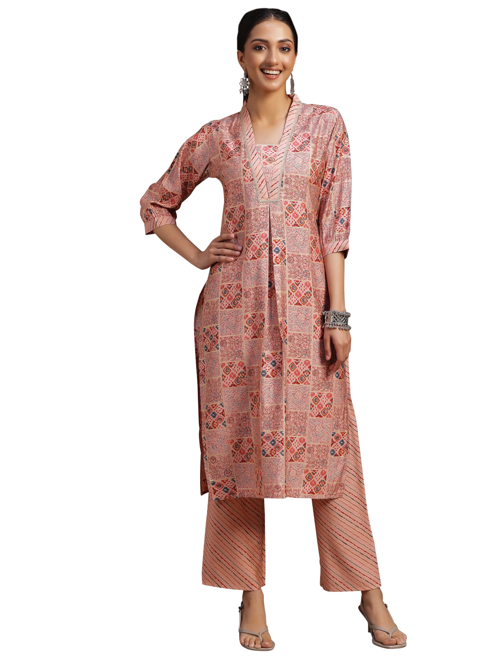 Libas Women Silk Blend Peach Printed Straight Kurta With Palazzos, Xl