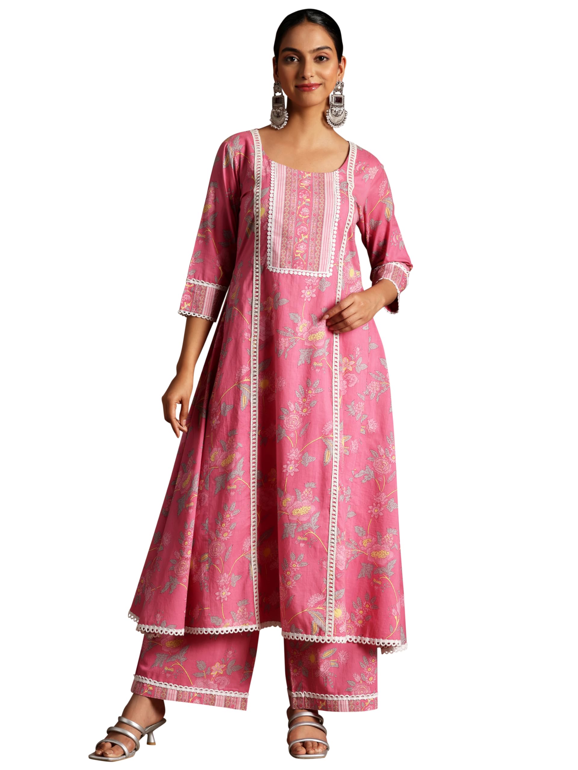 Libas Pink Printed Pure Cotton A-Line Kurta Sets For Women