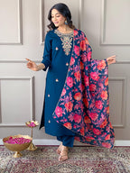 Naixa Womens Petrol Rayon Blend Embroidered and Printed Straight Kurta with Rayon Blend Pant and Organza Printed Dupatta Sets (
