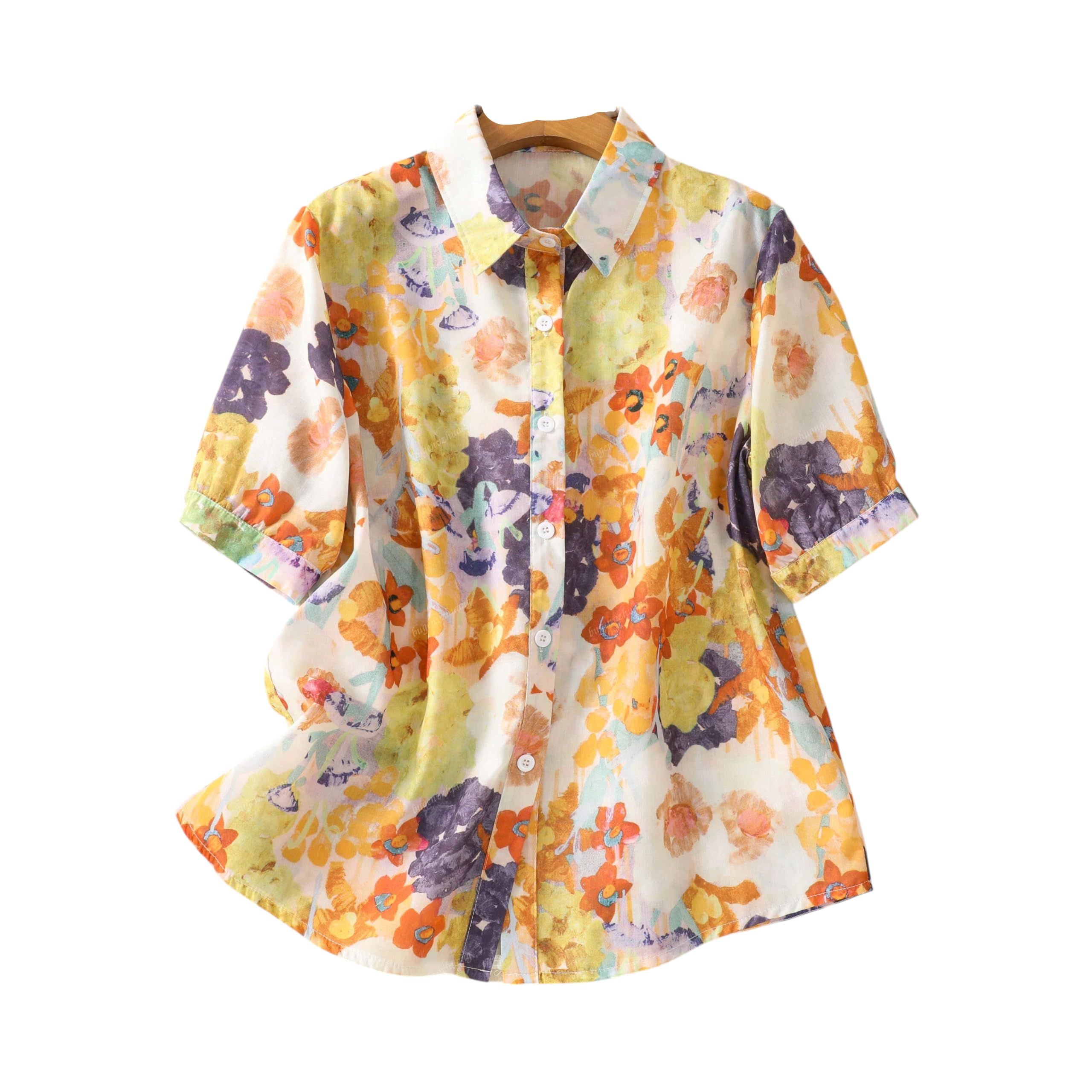Gufrina Women Mustard Multicolor Floral Print Button-Down Shirt With Elbow Sleeves And Collar Neck In Soft Breathable Fabric Ide