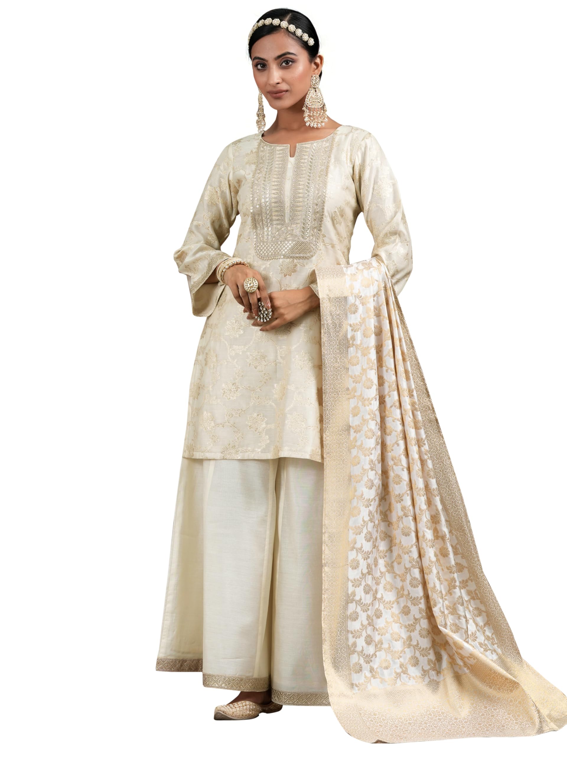 Libas Off White Chanderi Silk Woven Design Kurta Sets For Women