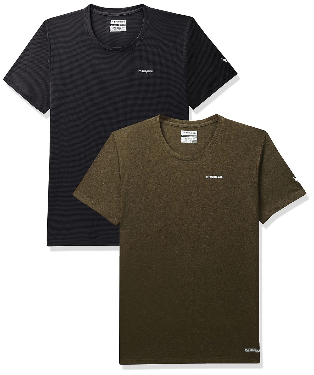 Charged Brisk002 Melange Round Neck Sports TShirt Olive Size 2Xl And Charged Pulse006 Checker Knitt Round Neck Sports TShirt 2