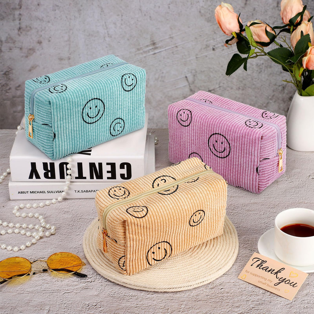Photect 3 Pcs Corduroy Cosmetic Bag Smile Face Aesthetic Preppy Makeup Bag Corduroy Toiletry Aesthetic Pouch Travel Smile Bags