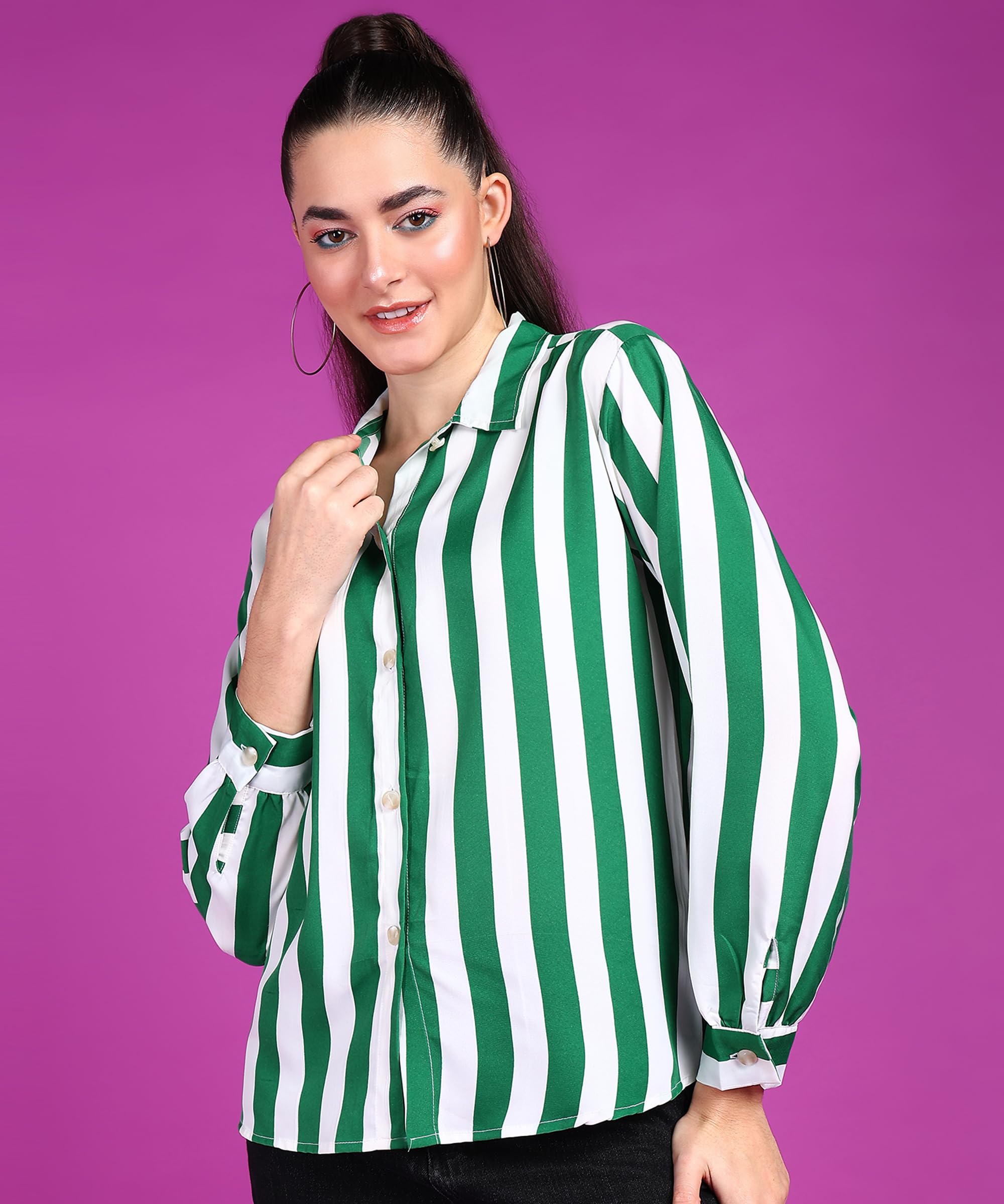 POPWINGS Stripe Printed Crepe Shirt for Women Stylish Western Casual Regular Fit Full Sleeves Shirts for Women Shirt