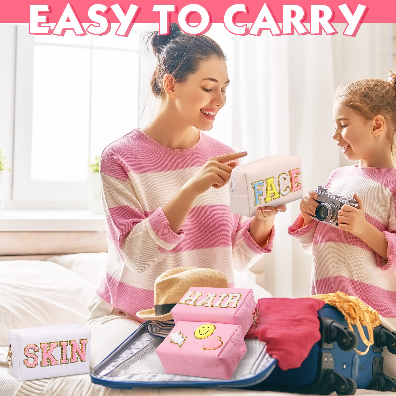 Sanwuta 4 Pcs Hair Face Skin Travel Bag Set Preppy Makeup Pouch PU Leather Skincare Bag Waterproof Cosmetic Organizer Birthday