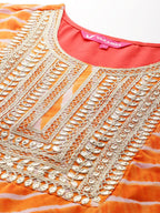 Varanga Womens Orange Leheriya Zari Embroidered Kurta Set With Dupatta