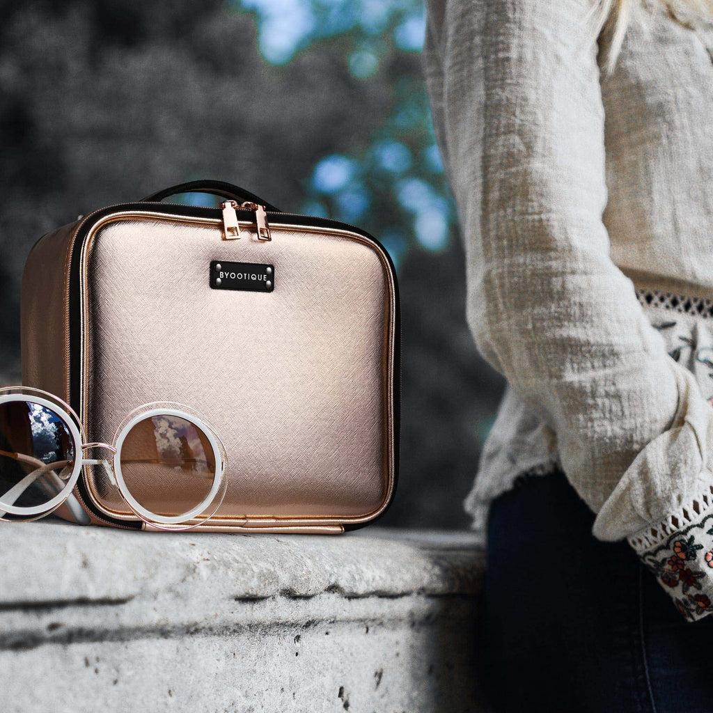 BYOOTIQUE Large Makeup Bag Travel Portable Cosmetic Storage Case with Mirror & Adjustable Dividers Organizer for Cosmetics Makeu