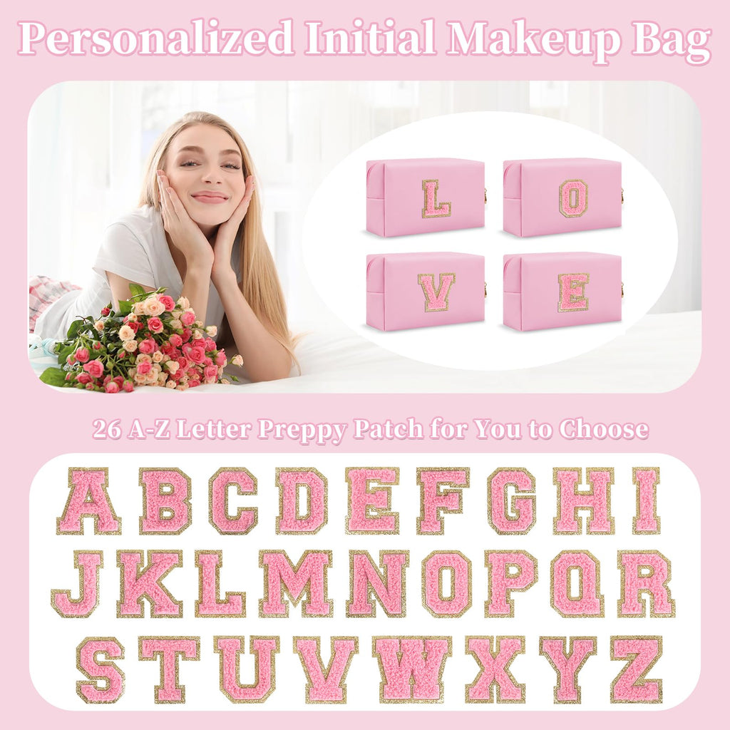 Personalized Preppy Small Travel Makeup Bag, Initial Chenille Letter Pink Makeup Bag Cosmetic Pouch Toiletry Organizer, PU Leath