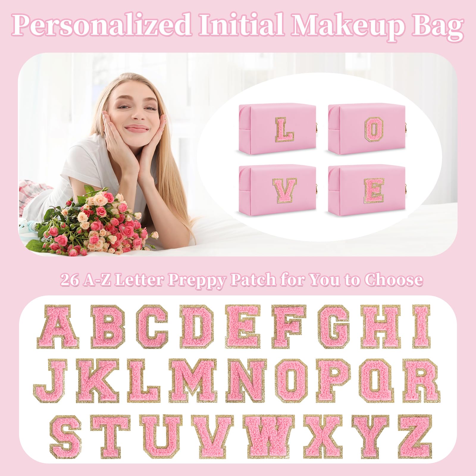 Personalized Preppy Small Travel Makeup Bag, Initial Chenille Letter Pink Makeup Bag Cosmetic Pouch Toiletry Organizer, PU Leath