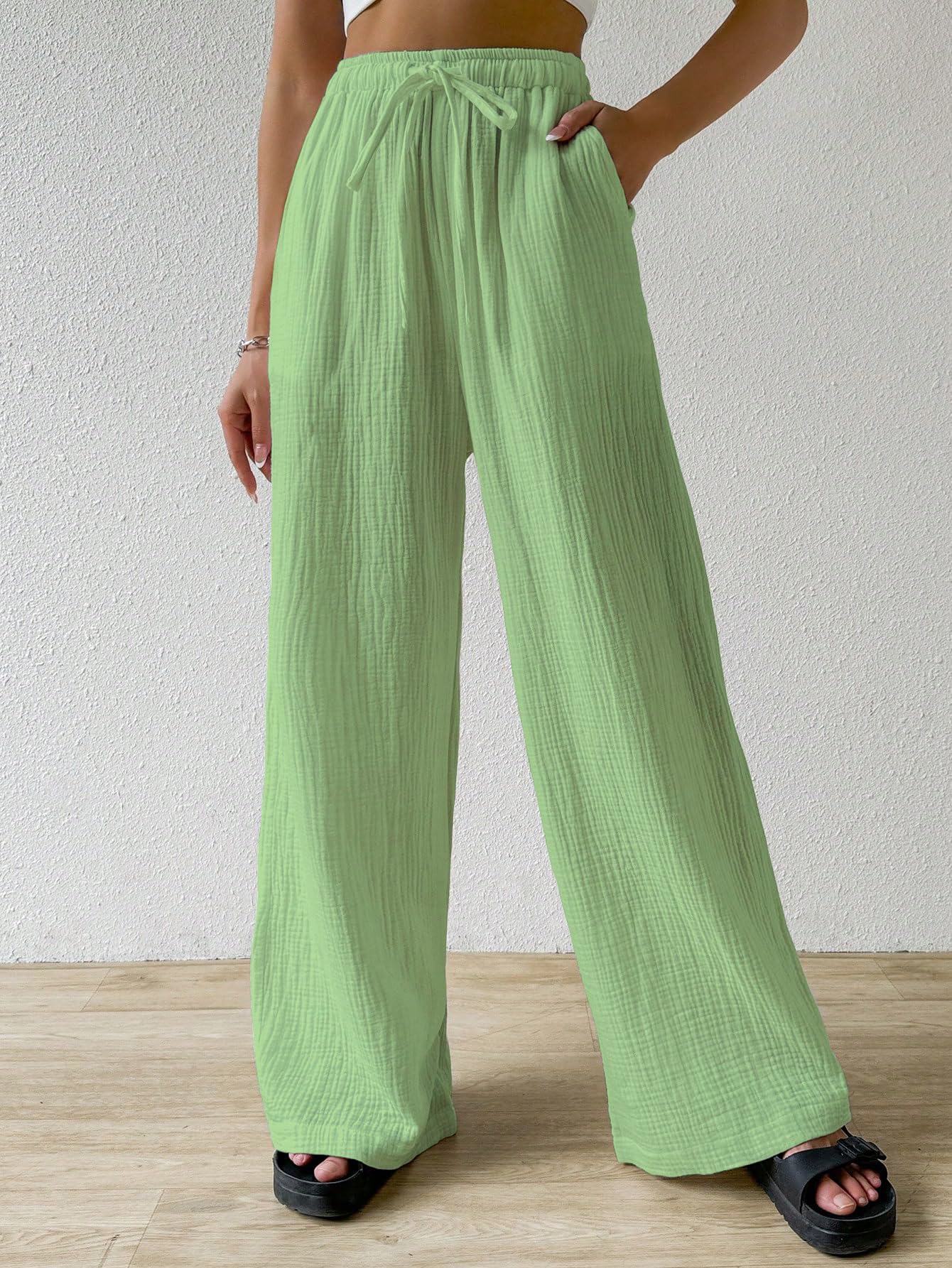 Shasmi Womens Pista Green Loose Wide-Leg Pants with Textured Wrinkled Fabric and Drawstring Waist Long Trousers (Pant 157 Pista