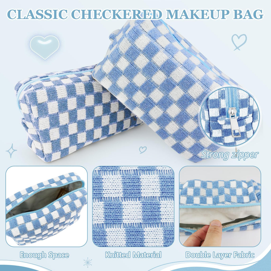 58 Pcs Checkered Makeup Bag Set Preppy Aesthetic Cosmetic Bag Travel Makeup Pouch Toiletry Bag 7 Heishi Surfer Bracelets with 50