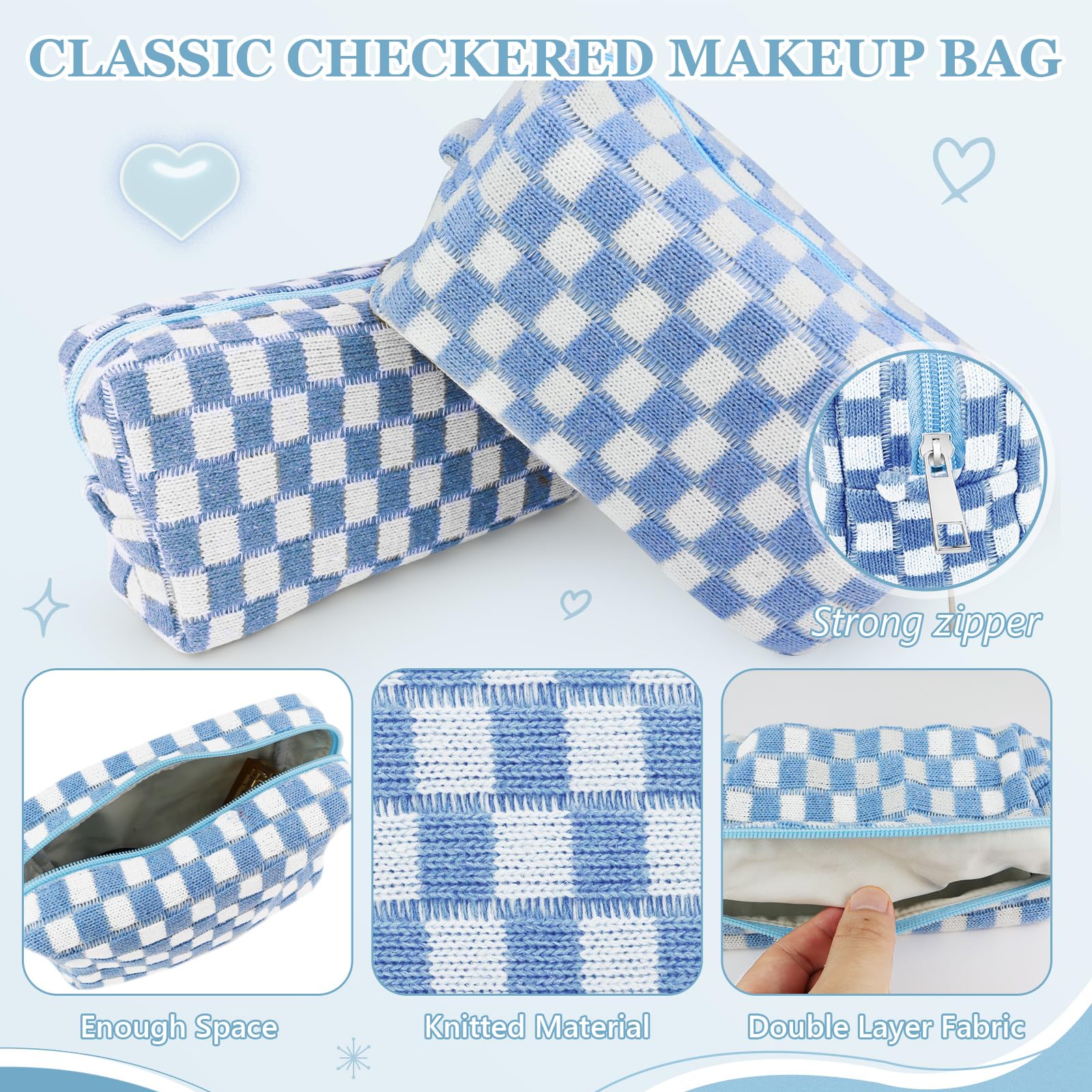 58 Pcs Checkered Makeup Bag Set Preppy Aesthetic Cosmetic Bag Travel Makeup Pouch Toiletry Bag 7 Heishi Surfer Bracelets with 50