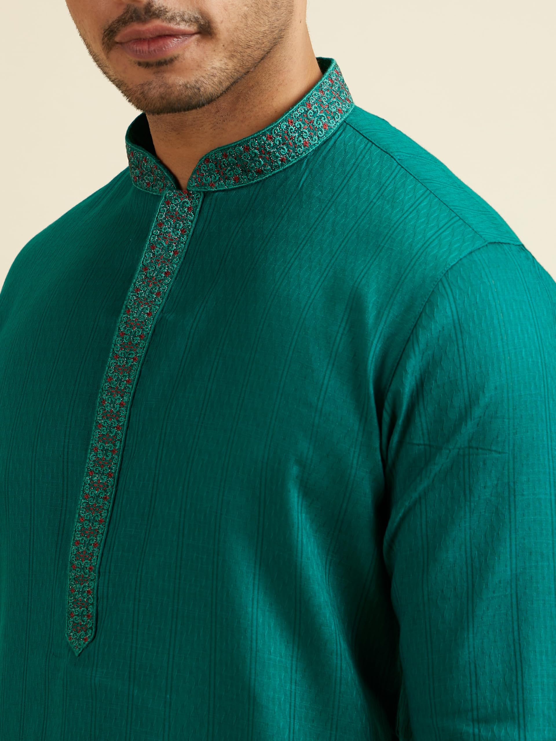 Manyavar Mens Cotton Embroidered Self Design Kurta Pyjama Set