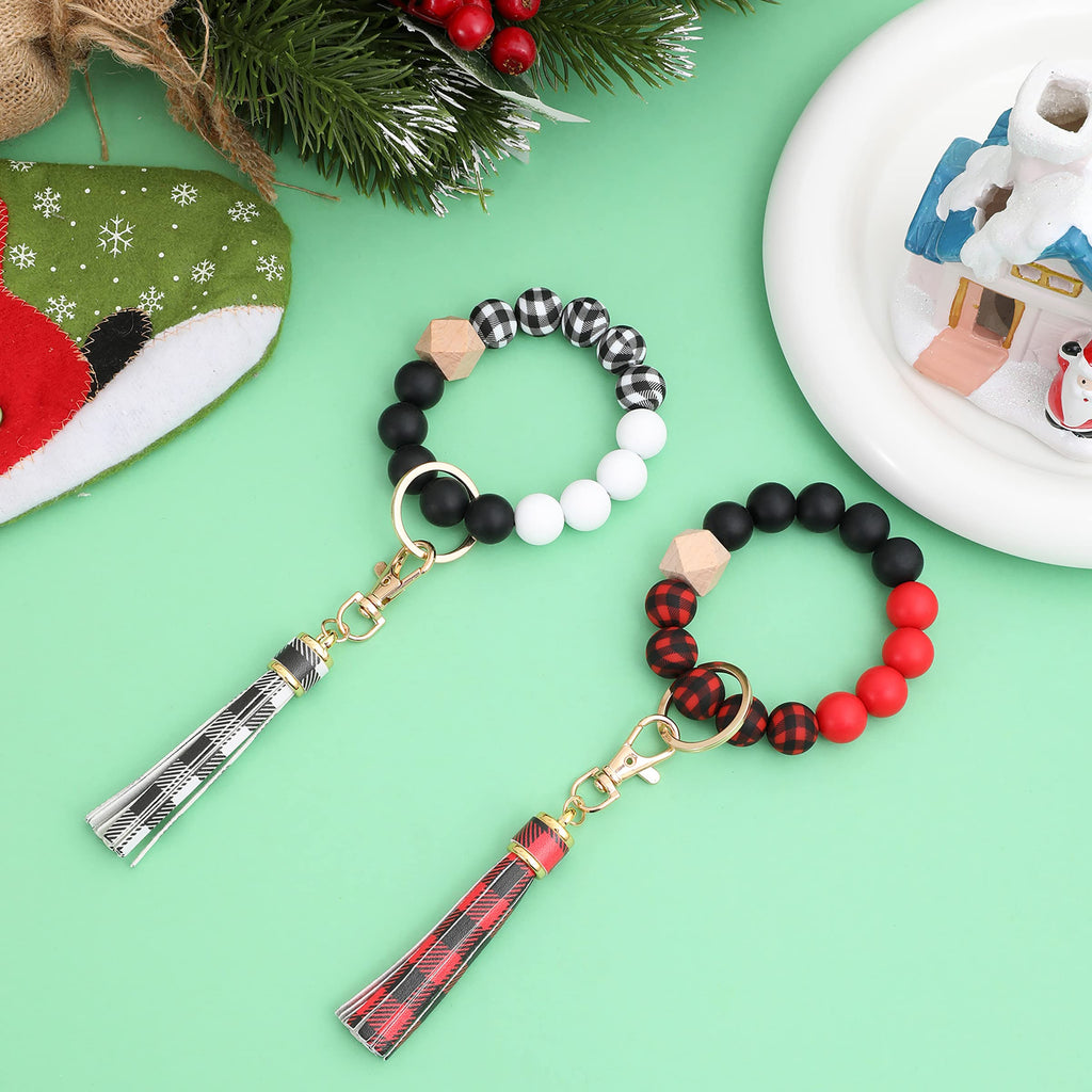 BAOSIWA Silicone Beaded Bracelet Keychain Black and White Plaid Wristlet Key Ring Bangle Chains Christmas Gifts for Women Girls