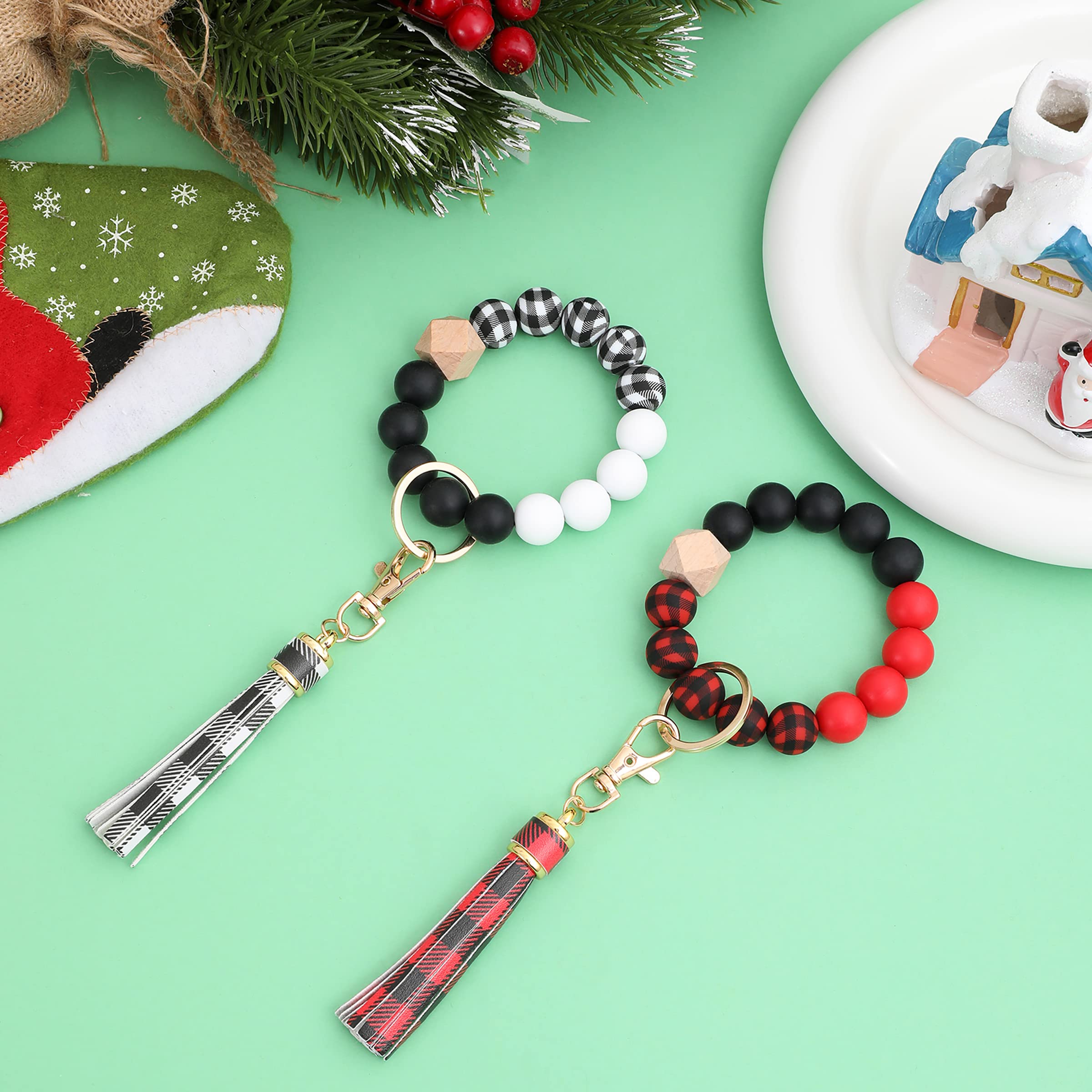 BAOSIWA Silicone Beaded Bracelet Keychain Black and White Plaid Wristlet Key Ring Bangle Chains Christmas Gifts for Women Girls