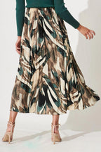 Kzully | Printed Pleated Long Skirt Versatile Elegance For Every Occasion Olive